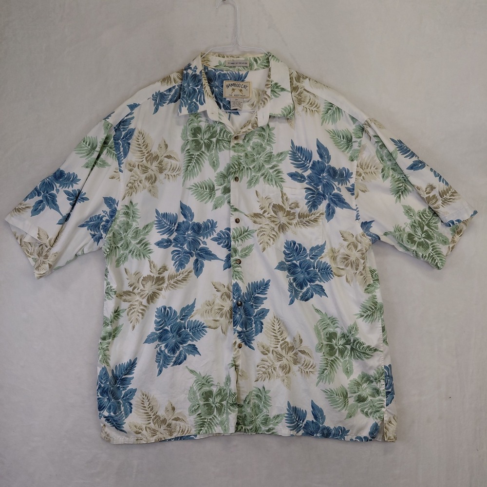 Bamboo Cay Mens XXL Tropical Floral Cotton Sateen Button Down Resort Shirt White